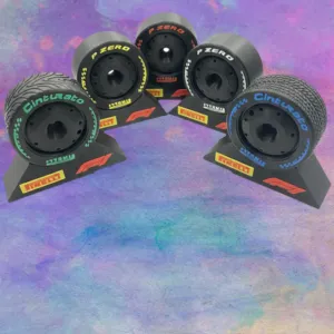 Five Pirelli racing tyres displayed formula 1