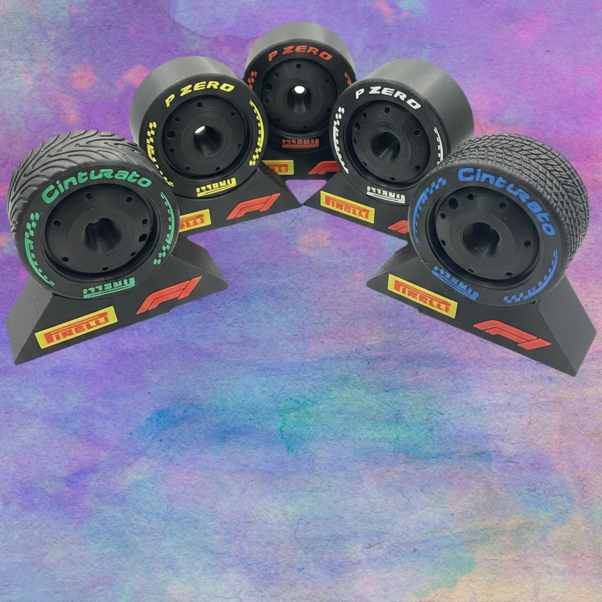 2026 NEW design Formula 1 Separate Stands & 5 Tyre Display Set – Slicks, Inters & Wets 1 Five Pirelli racing tyres displayed formula 1