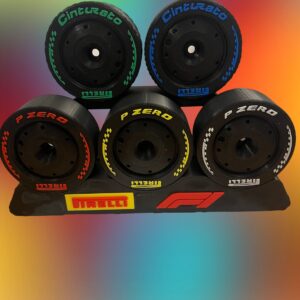 Formula 1 Five racing tyres on display. Slicks, Inters and Wets