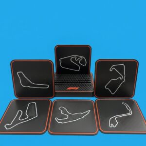 Formula 1 coasters featuring racing track outlines