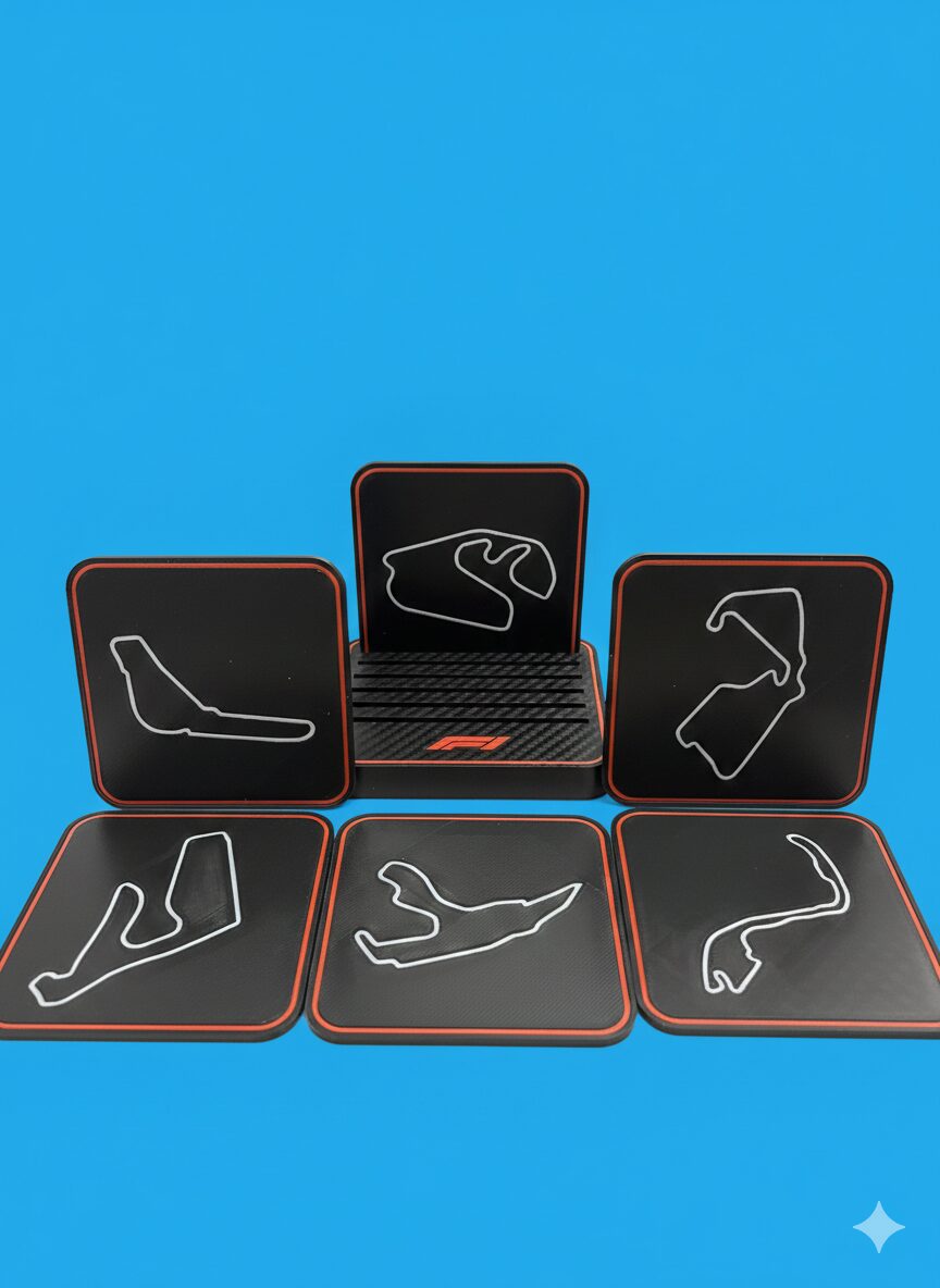Carbon-Look F1 Circuit Coasters – Complete 12-Formula 1 Track Collection of both sets 5 Formula 1 coasters featuring racing track outlines